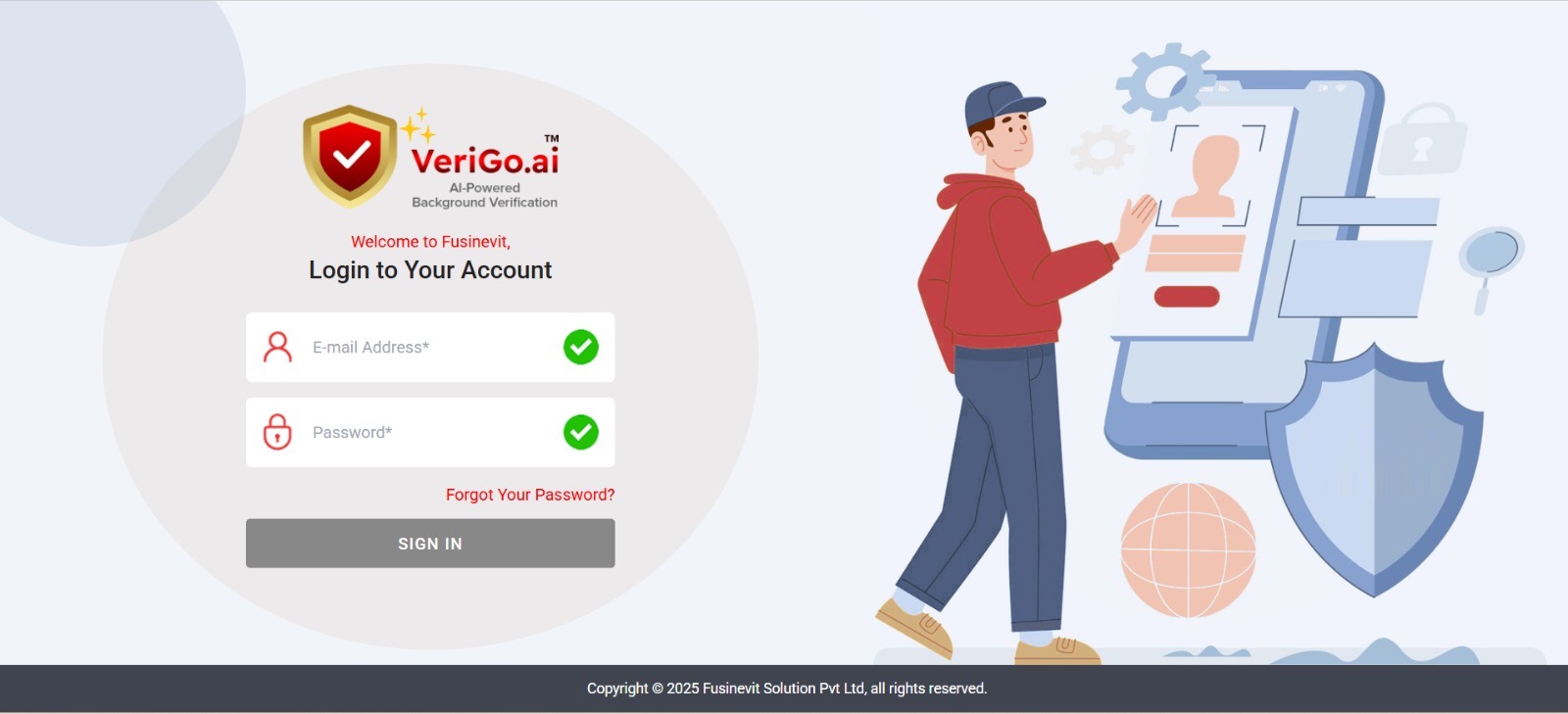 VeriGo.ai secure login screen with real-time field validation